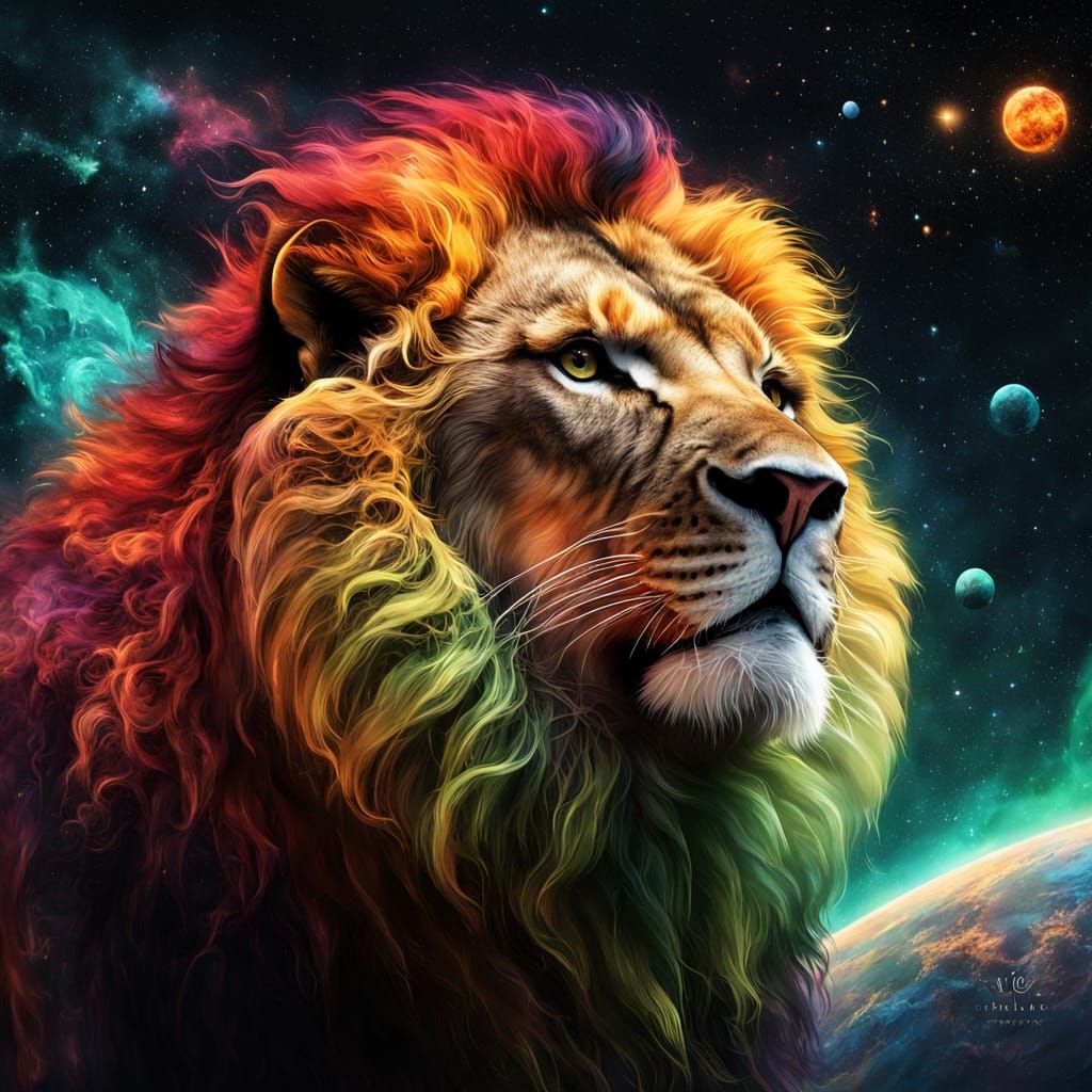 Solarpunk Lion Floats Through Vibrant Cosmic Nebula