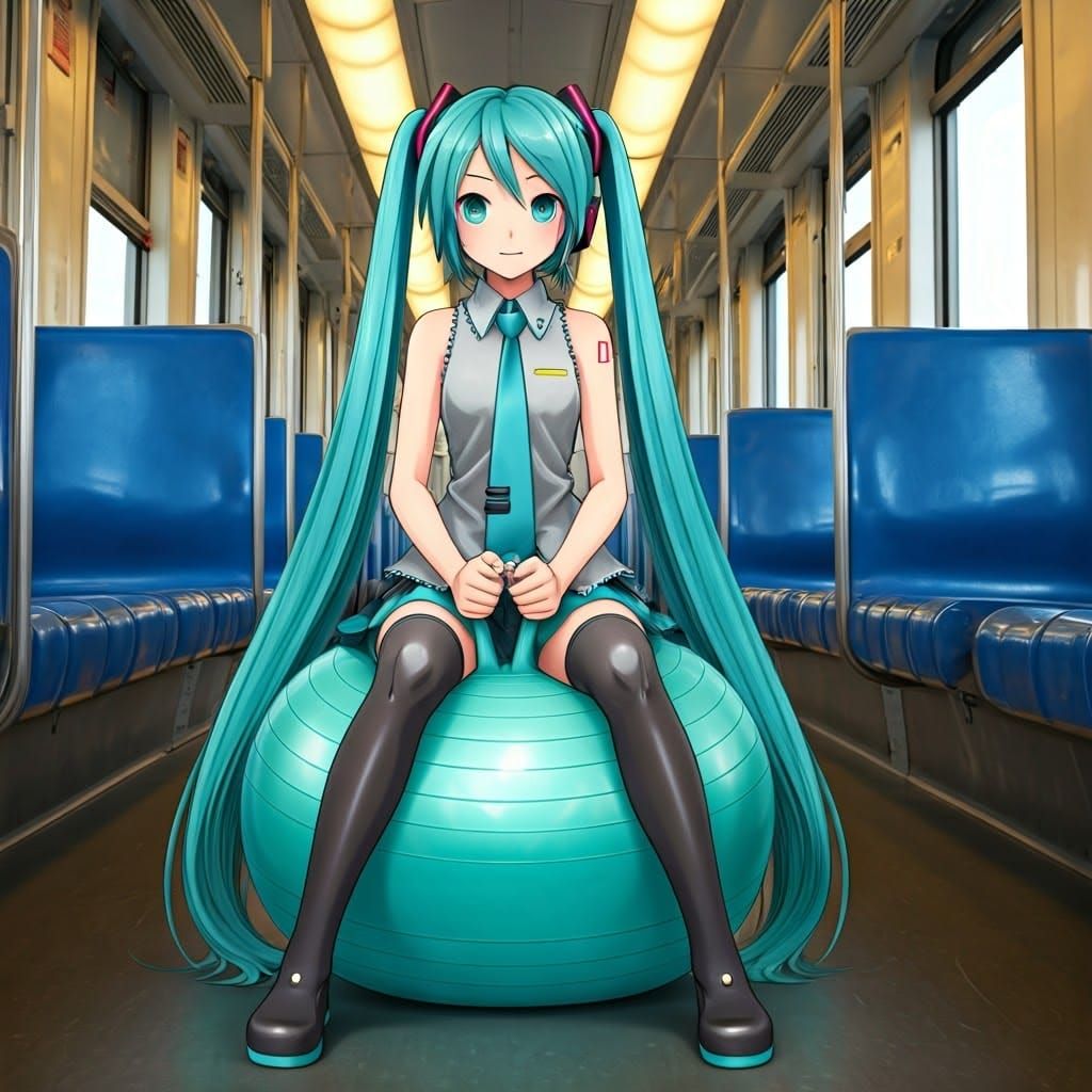 Hatsune Miku Bounces on Turquoise Ball During Train Ride