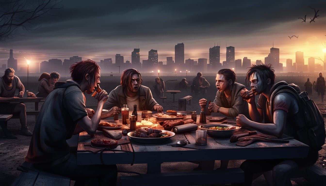 Post-Apocalyptic BBQ at Twilight in Fantasy Horror Style