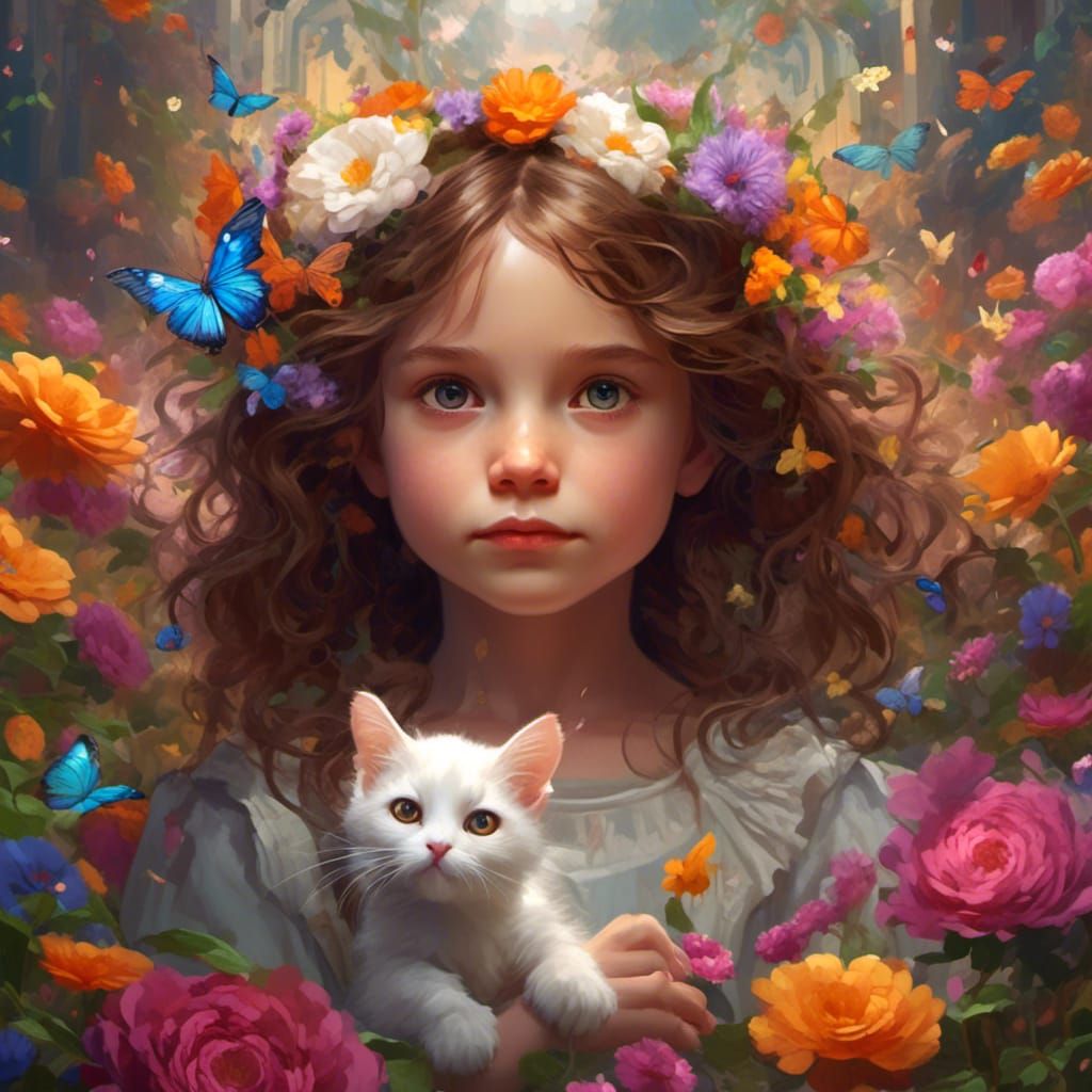 Girl with Cat in Fantasy Garden, Hyperreal Portrait