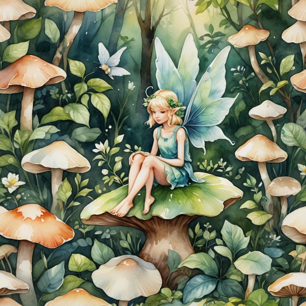 Gardenia Pixie on Mushroom in Watercolor Style
