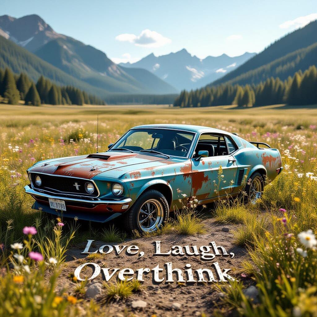 Surreal 1969 Ford Mustang with Flowers Growing from Windows