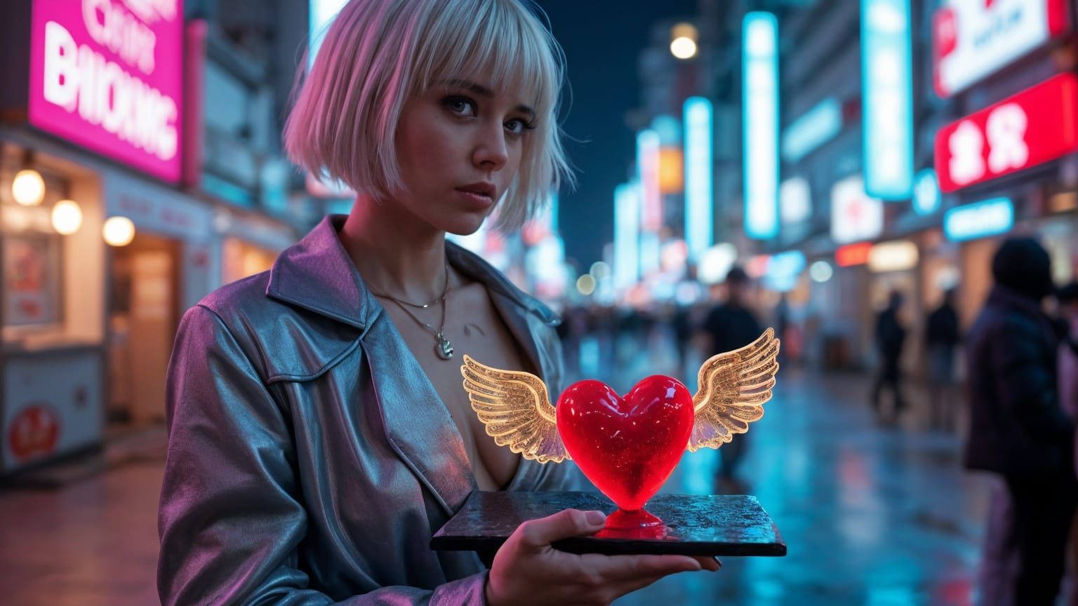 Woman in Neon Shinjuku with Platinum Bob & Silver Coat