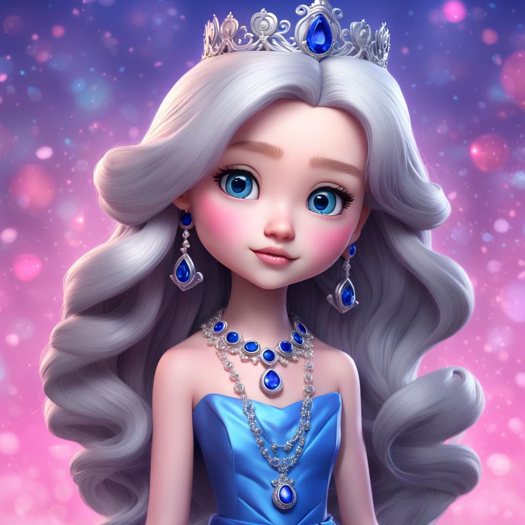 Chibi Silver-Haired Girl in Blue Dress: 3D Art