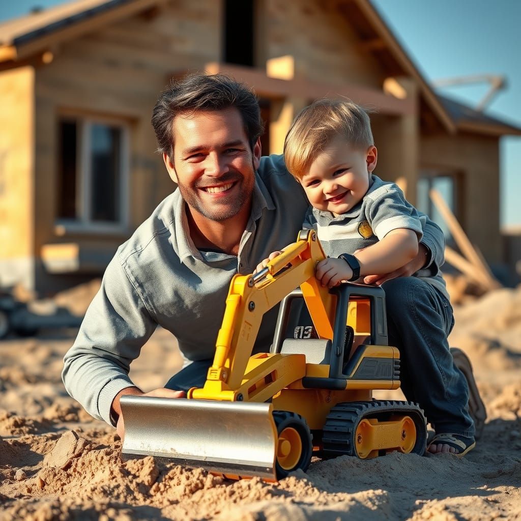 Joyful Father and Son Play on Vibrant Construction Site