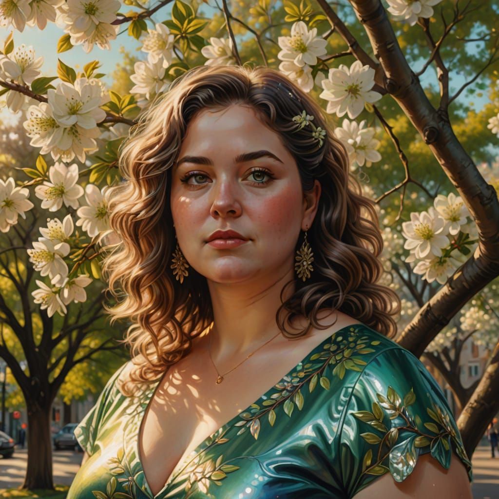 Elegant Chubby Woman in Vibrant Floral Setting