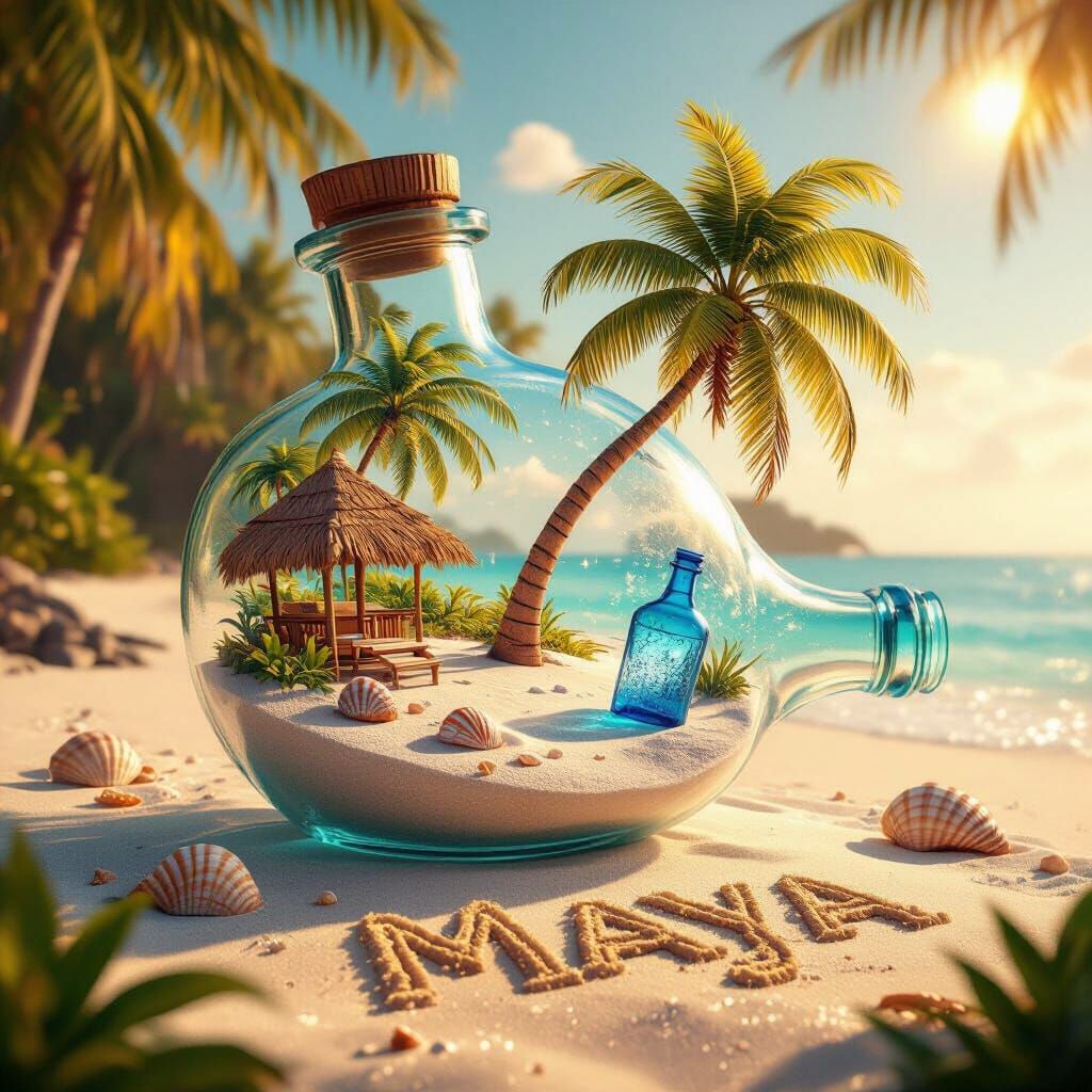 Miniature Tropical Paradise Inside Glass Bottle 3D Render