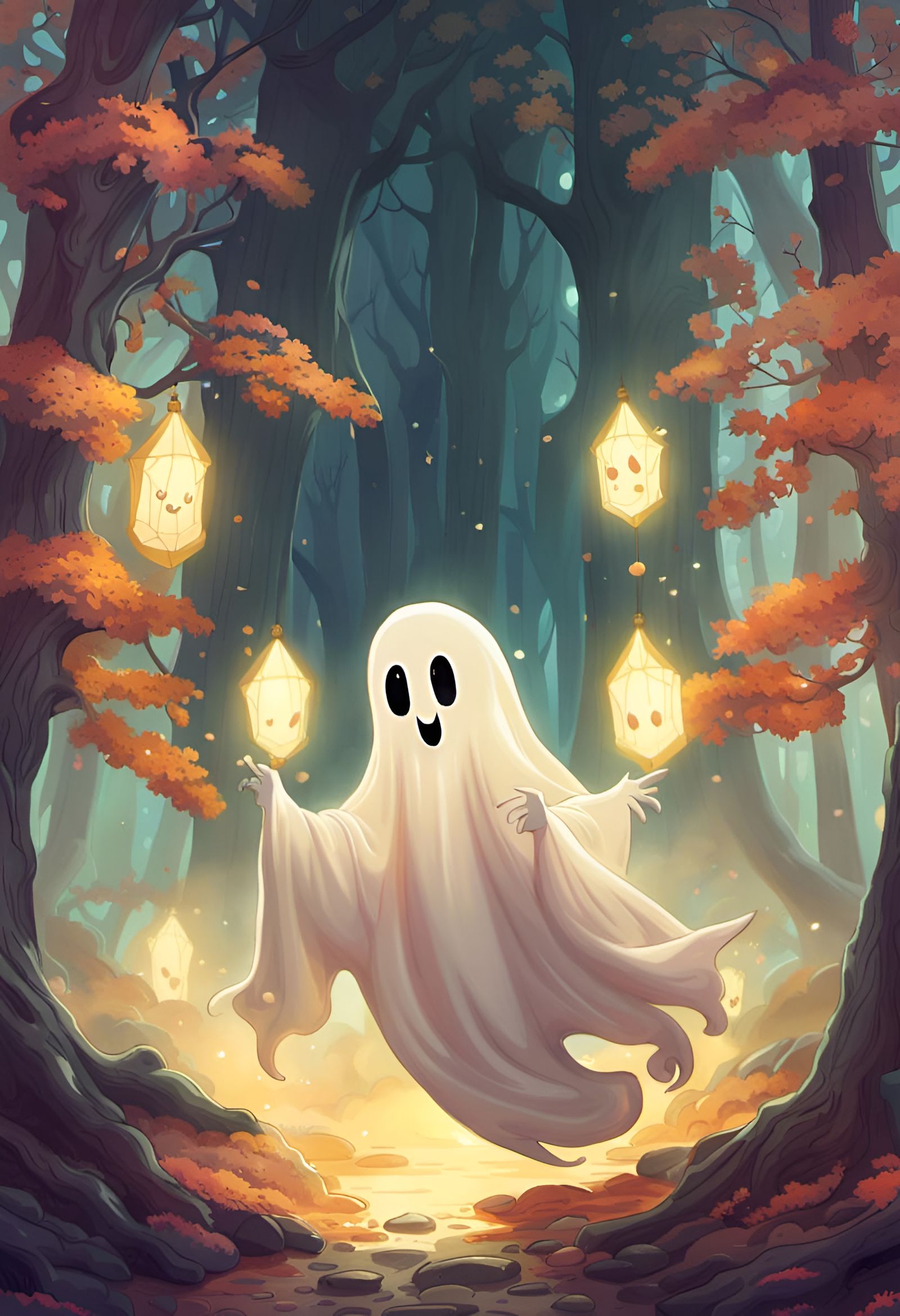 Adorable Spooky Spirits in Forest, Digital Illustration