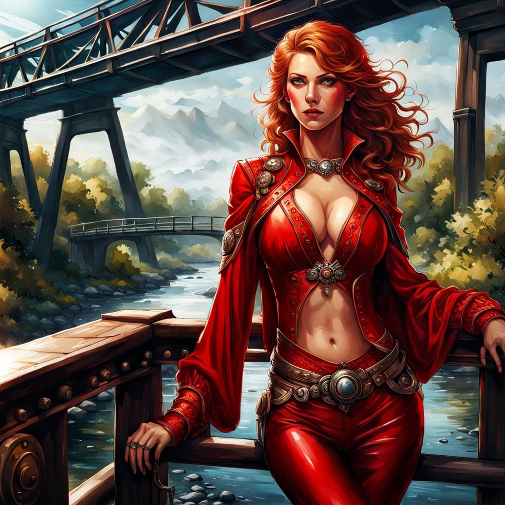 Beautiful Woman in Red on Bridge: Fantasy Ink Art
