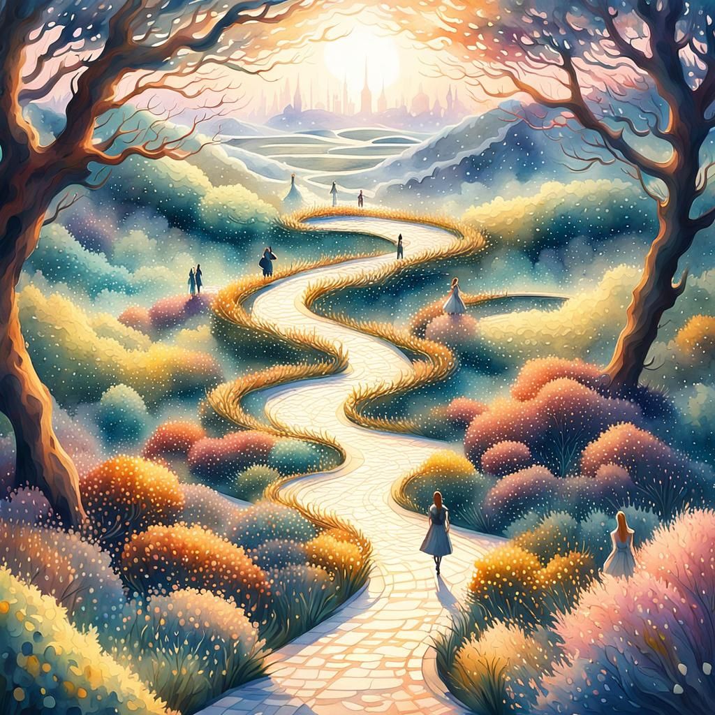 Surreal Anime Landscape with BFFs Walking towards a Garden