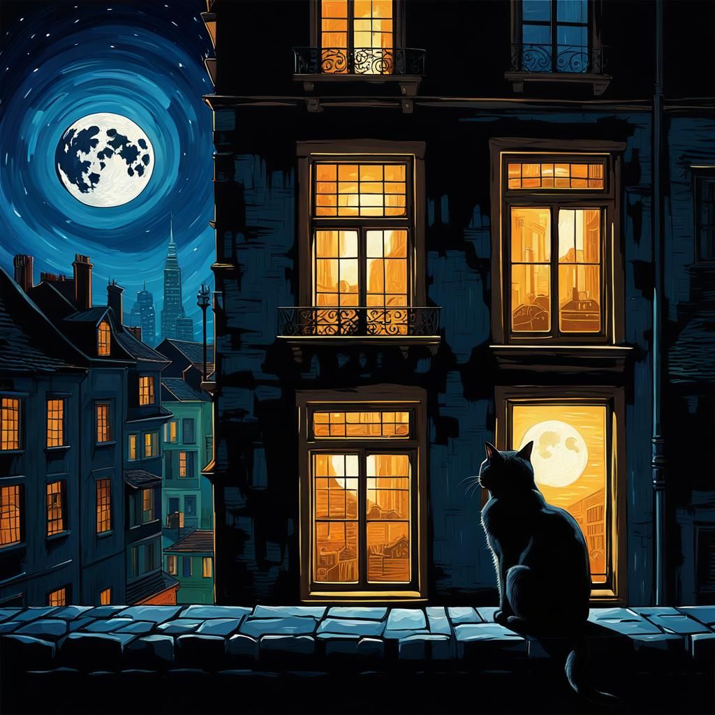 Cat Silhouette in City Nightscape, Oil Painting