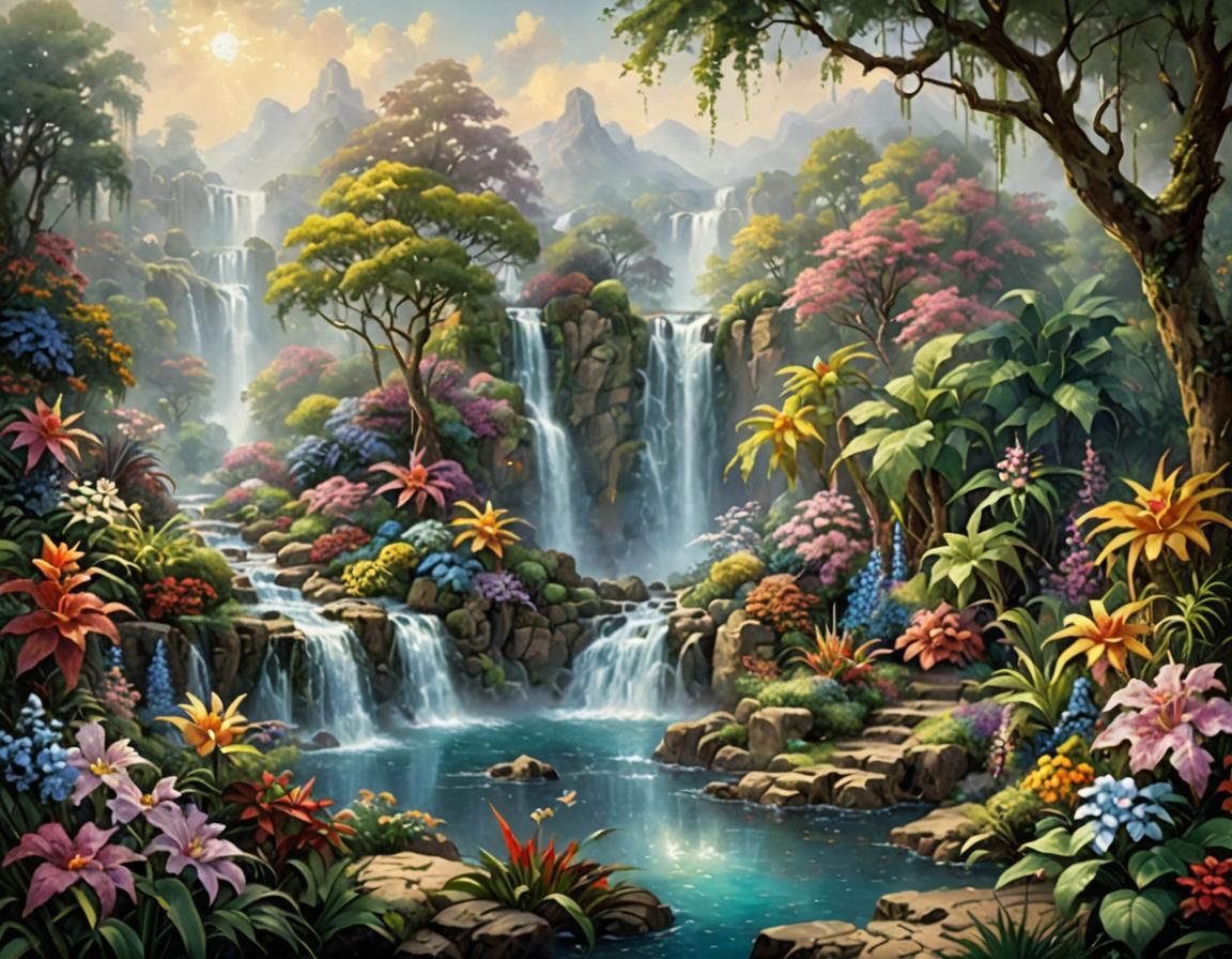 Ethereal Paradise: Tropical Waterfall in Fantasy Style
