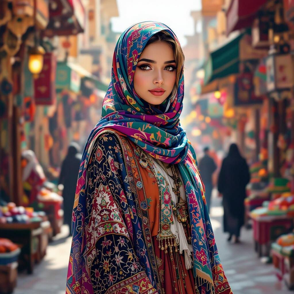 Girl in Hijab in Bustling Market, Digital Painting
