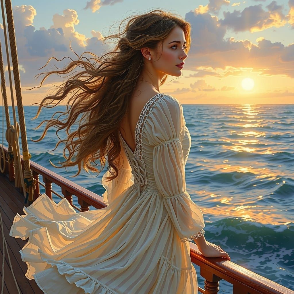 Woman on Ship Deck at Sunset, Watercolor Style