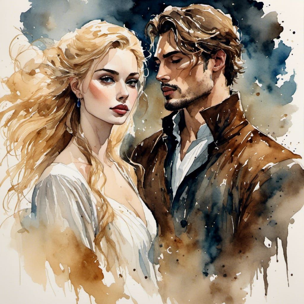 Romantic Couple in Ink Painting Storybook Illustration