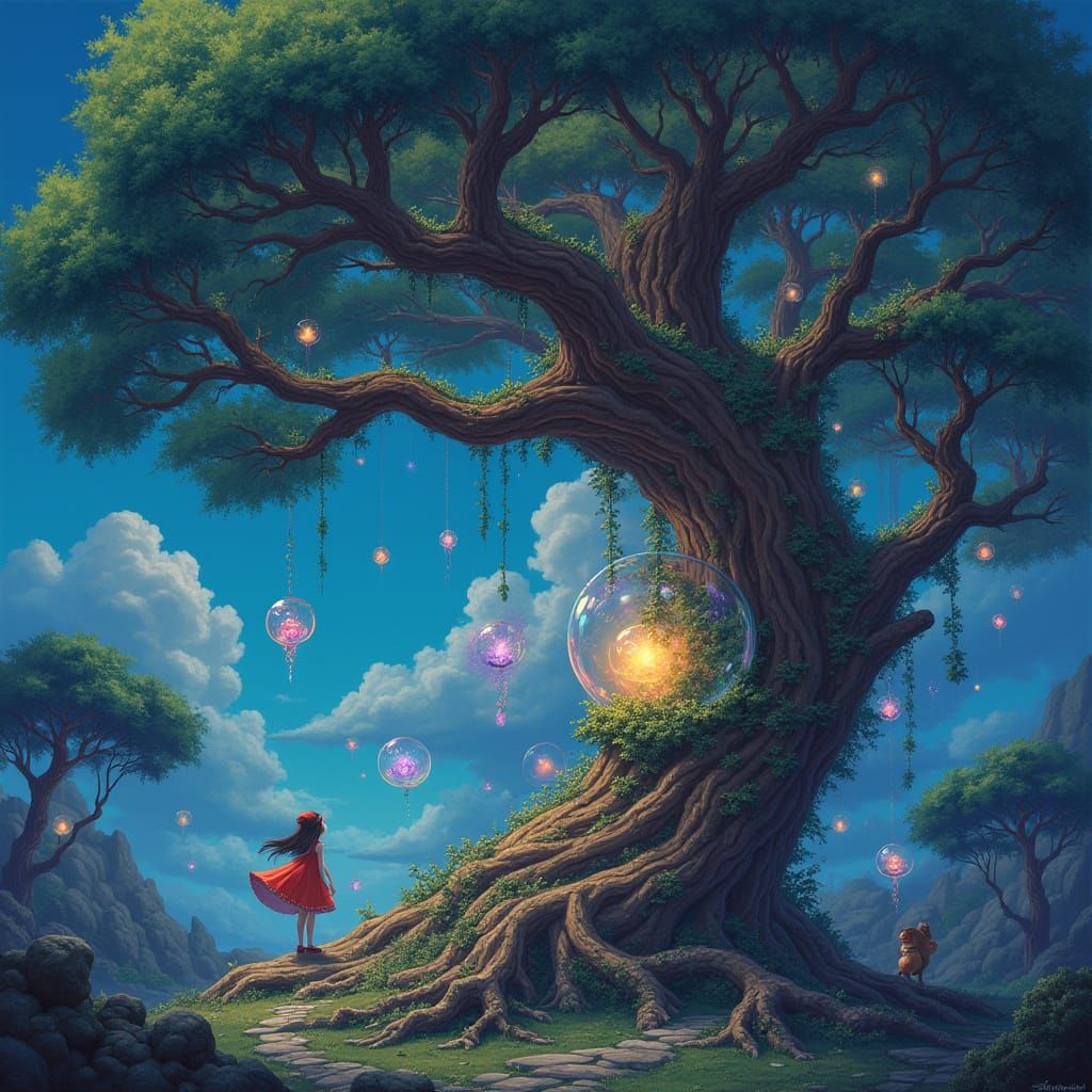 Colossal Tree with Luminous Fruit: A Surreal Realm