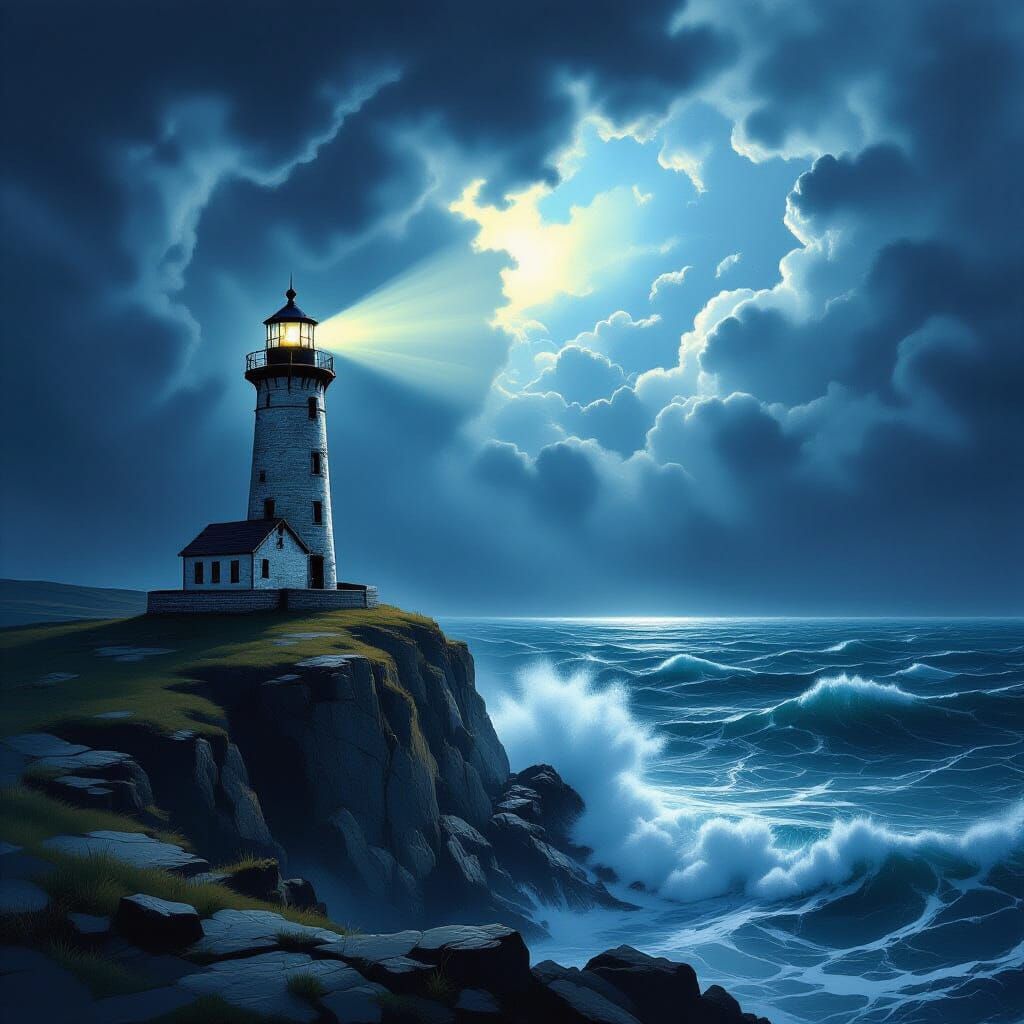 Weathered Lighthouse on Stormy Cliff Overlooking Turbulent S...