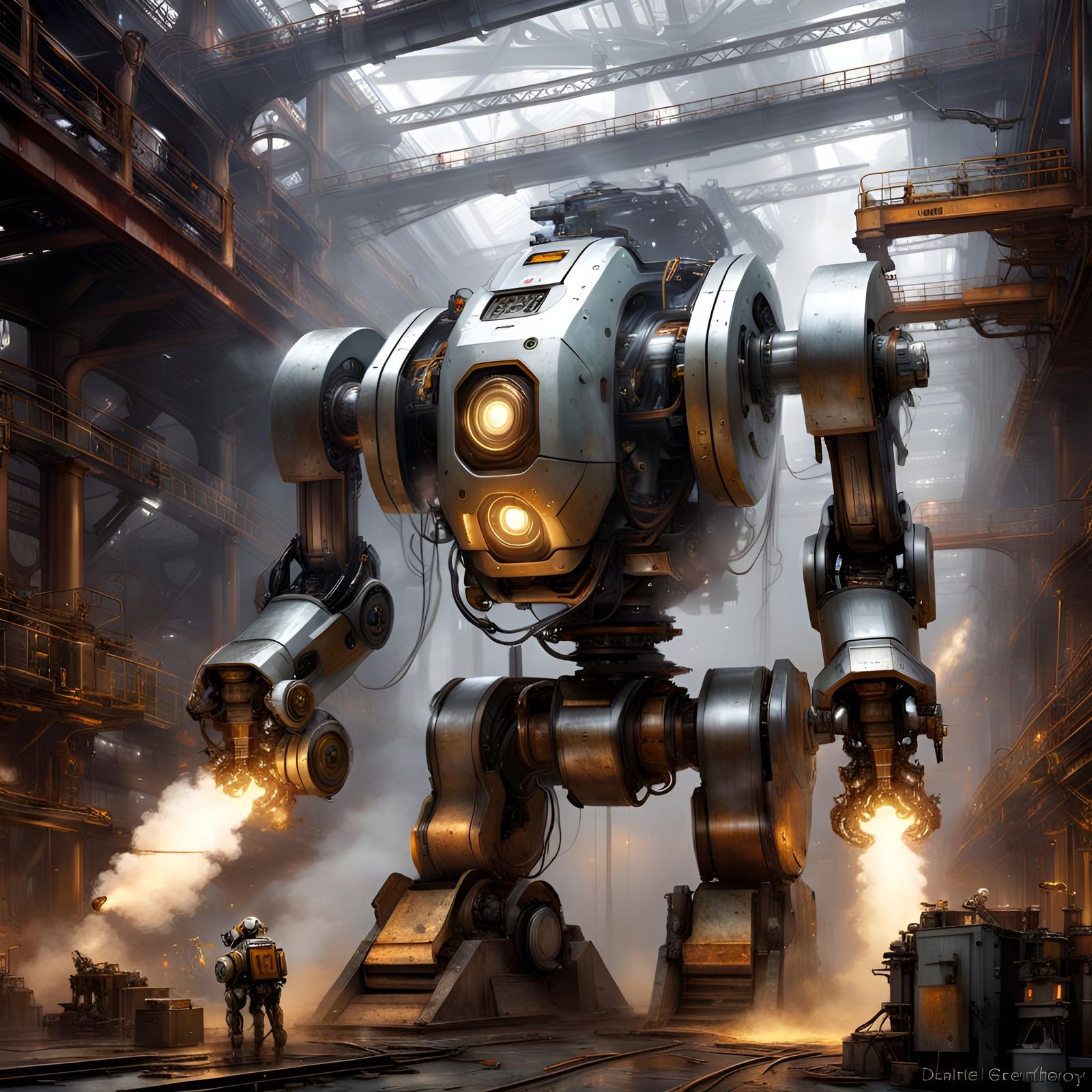 Futuristic Robotic Assembly in Gritty Industrial Setting