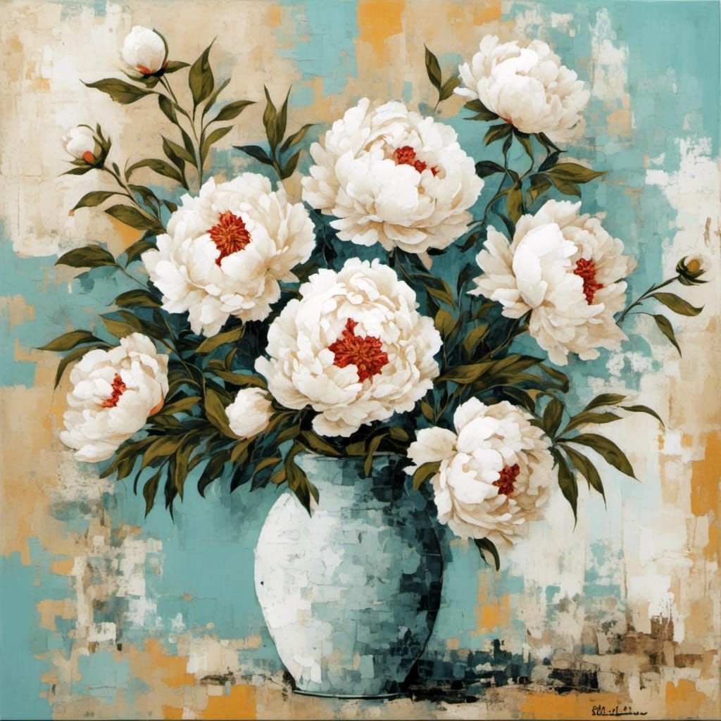 Minimalist Peonies in Vase: Expressionist Impasto Painting