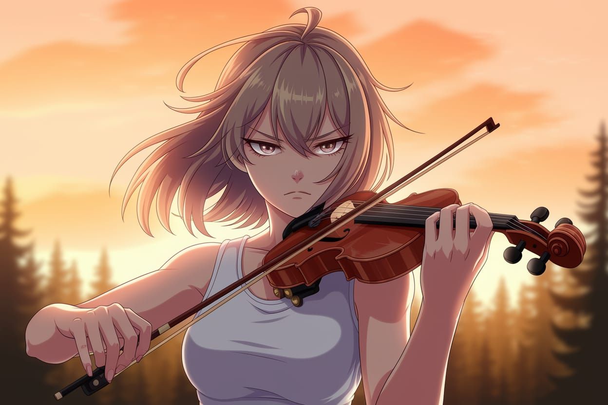 Tsundere Plays Violin in Serene Sunset Forest