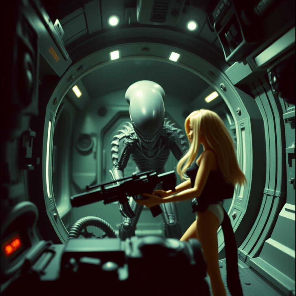 Barbie Hunts Xenomorph on Nostromo in Cinematic Style