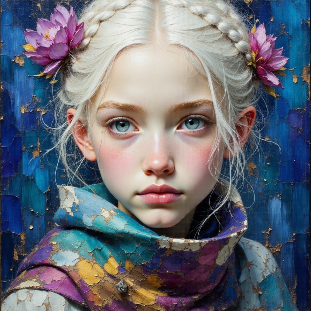 Albino Woman Portrait with Braids as Impasto Oil Painting