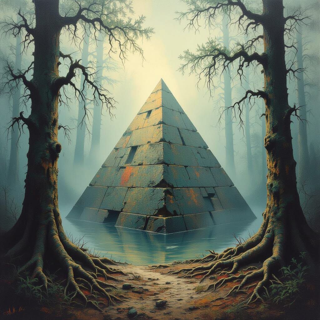 Ancient Pyramid in Misty Forest, Textured Impasto Style