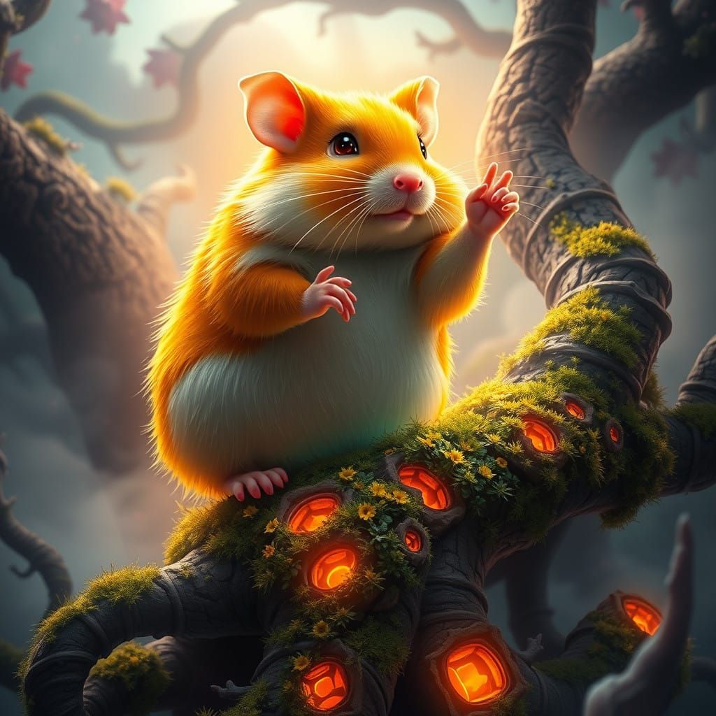 Golden Hamster Hero in Vibrant Neon Dreamscape