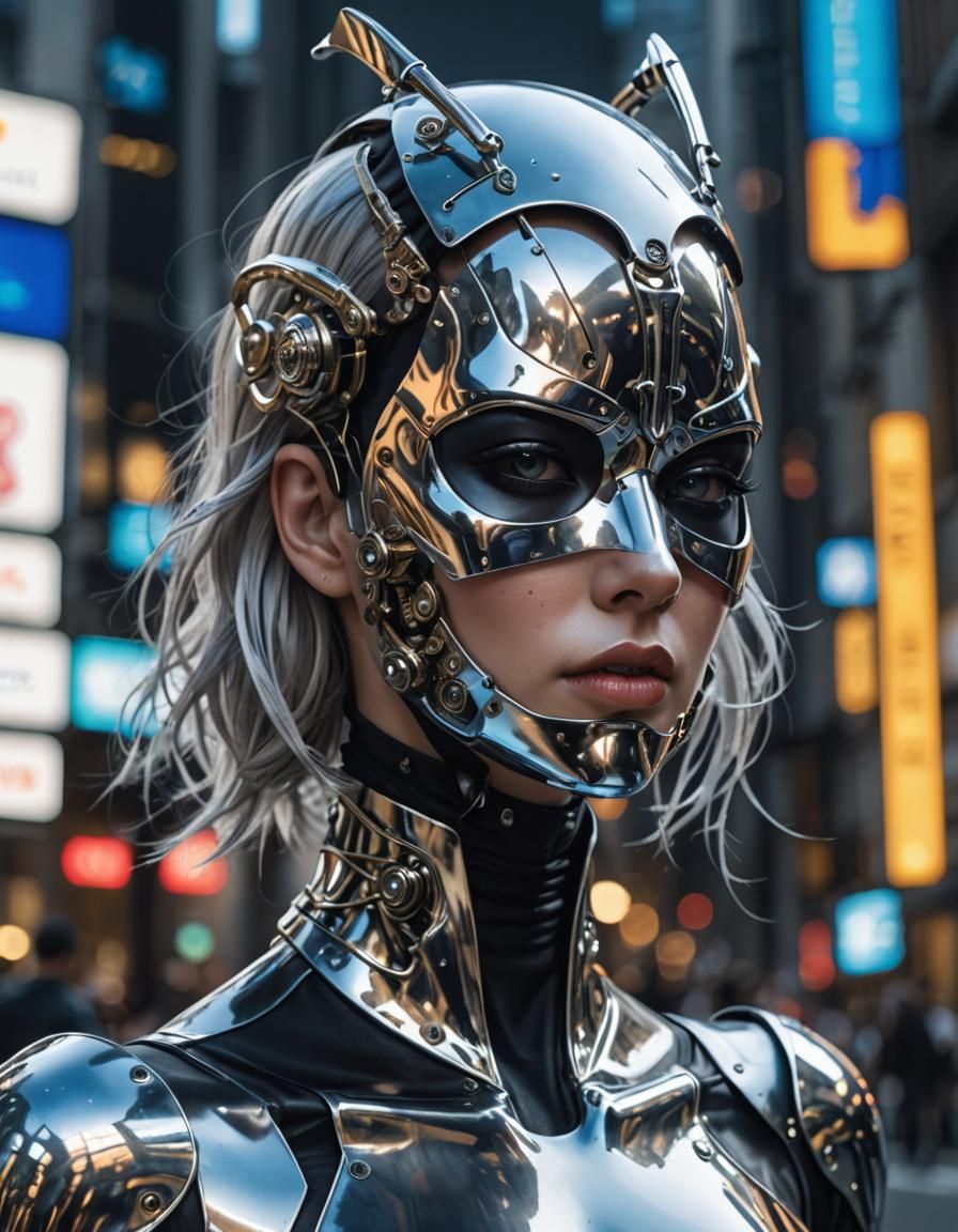 Sorayama-Inspired Robot Girl with Metallic Mask