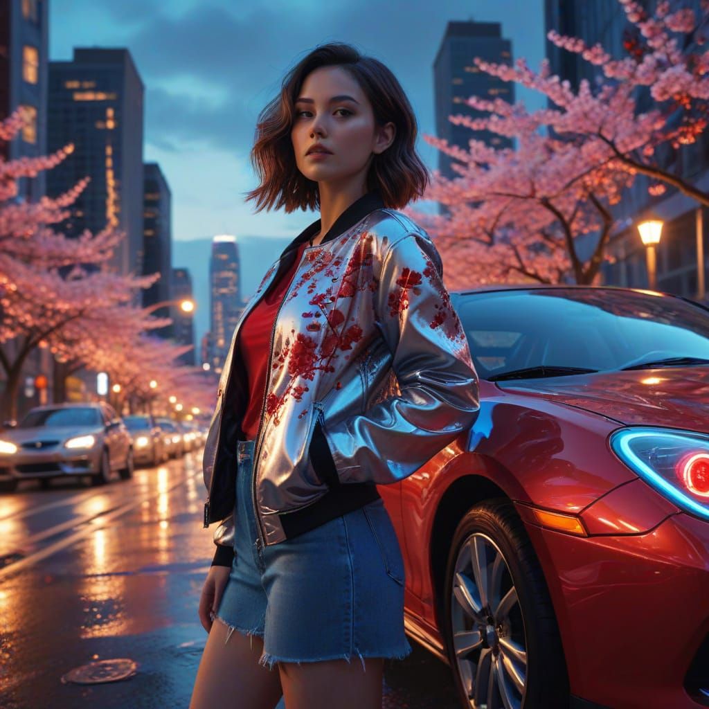 Sleek Red Car in Futuristic Cityscape at Dusk