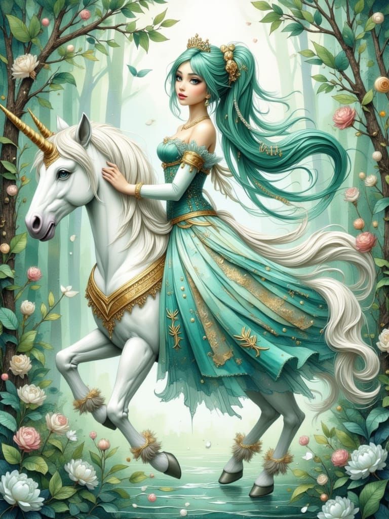 Anime Princess Rides Unicorn Through Forest