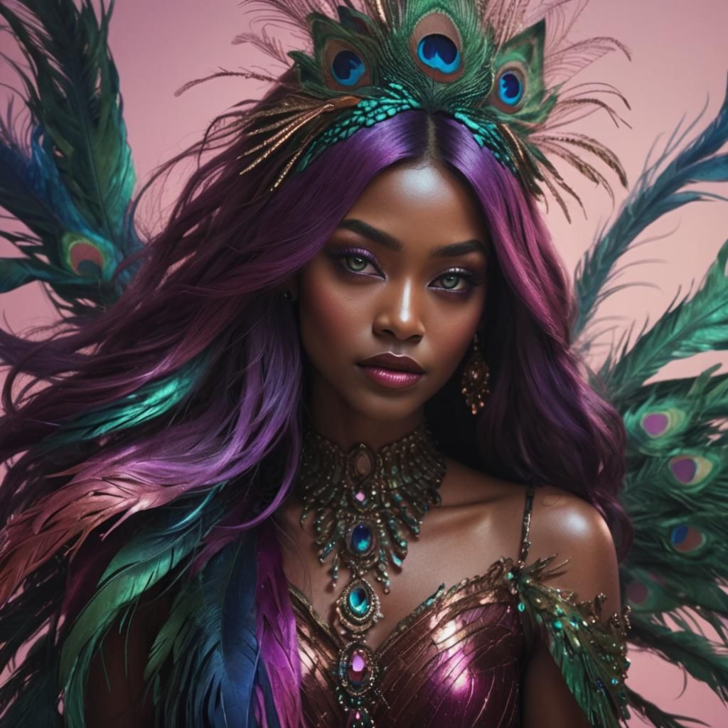 Peacock Beauty: Digital Painting of Woman with Feathers