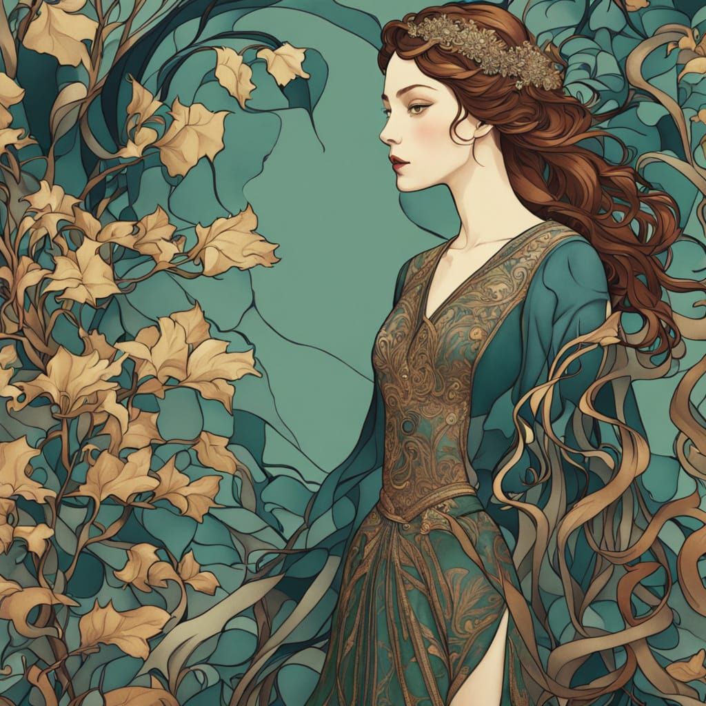 Elegant Art Nouveau Woman in Lush Garden