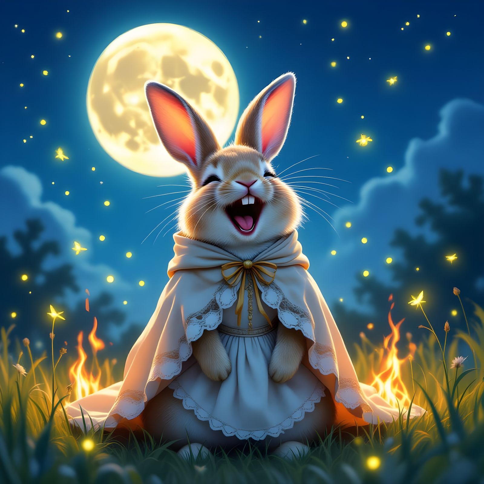 Hysterical Rabbit Laughing Under Moonlight: Hyperrealistic S...