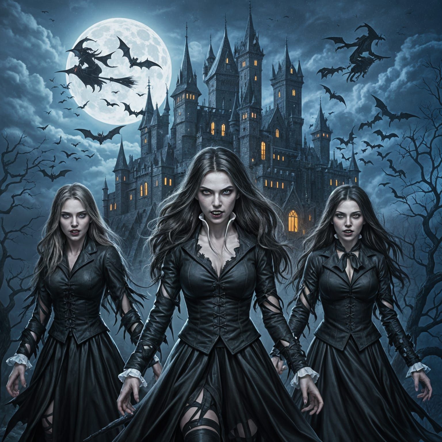 Gothic Female Vampires in Front of Castle