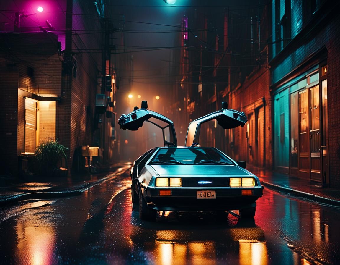 DeLorean in Rainy Alleyway: Retro-Futuristic Film Still