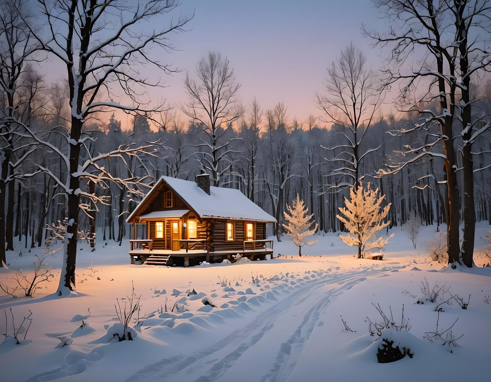 Cozy Cabin in Snow-Covered Winter Landscape