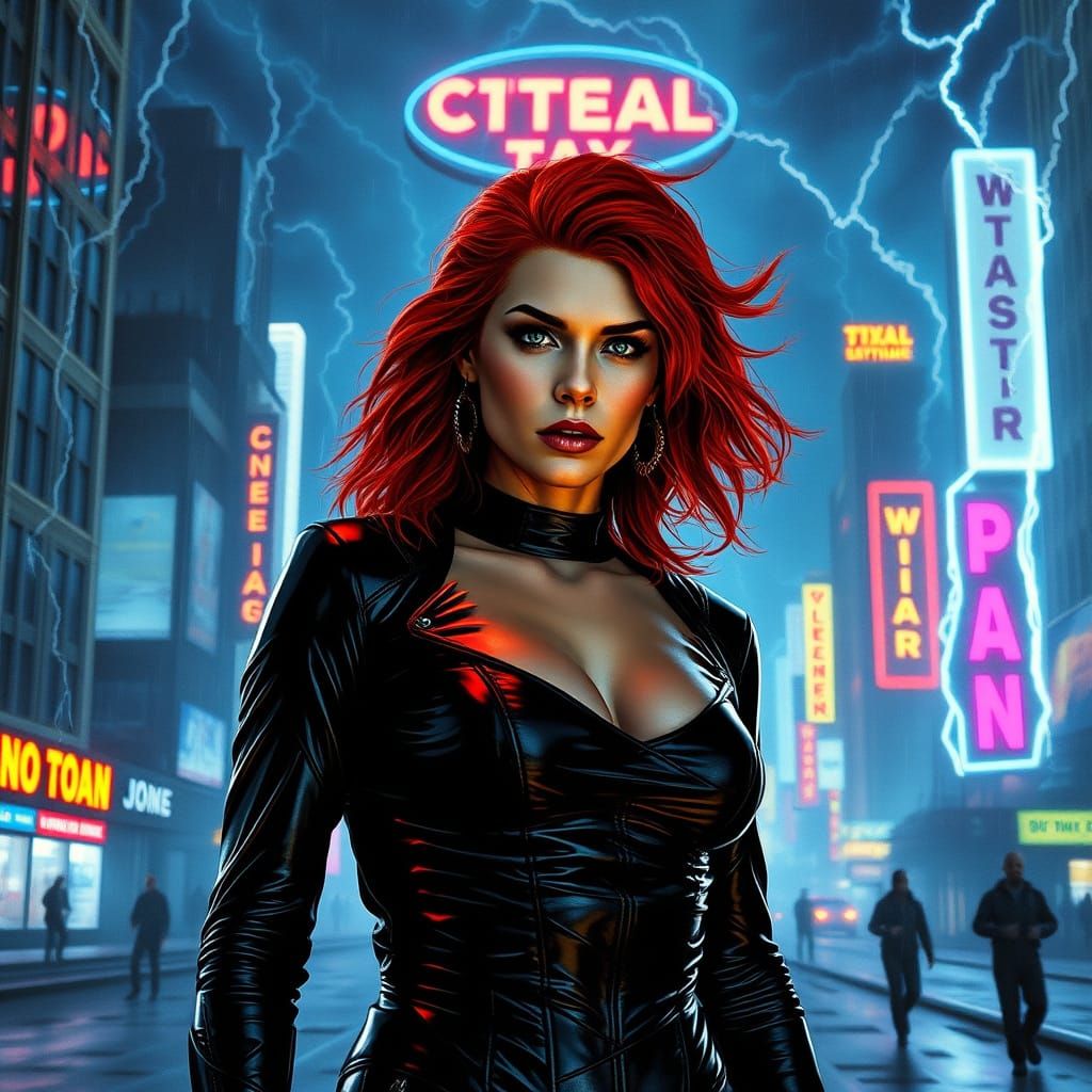 Cyberpunk Woman in Stormy Cityscape