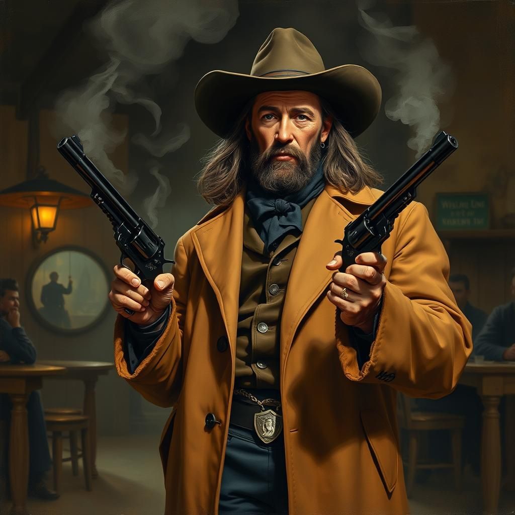 Wild Bill Hickok with two black 8s  in the style of oil pain...
