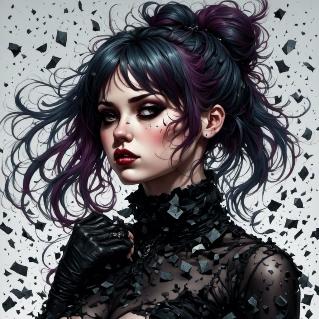 Emo Girl Reassembling Shattered Life in Hyperreal Style