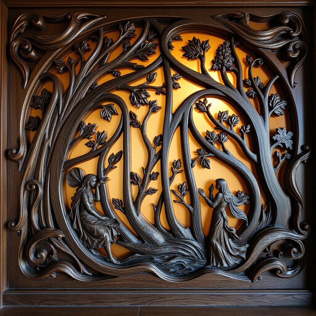 Elegant Art Nouveau Walnut Wall with Intricate Carvings
