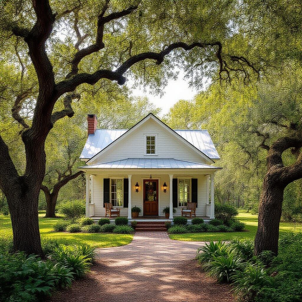 Small White House surrounded by Oak Trees