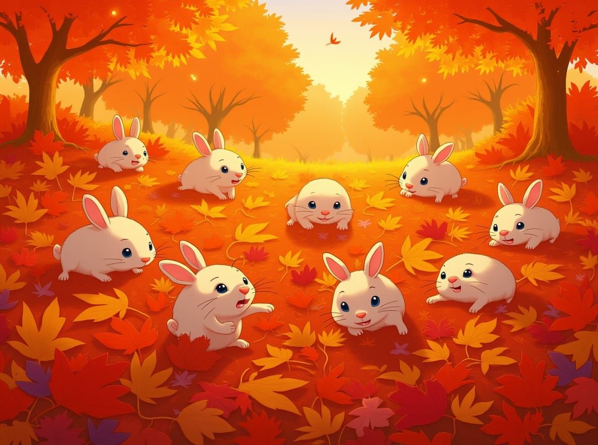 Baby Rabbits Play Hide-and-Seek in Autumn Leaves