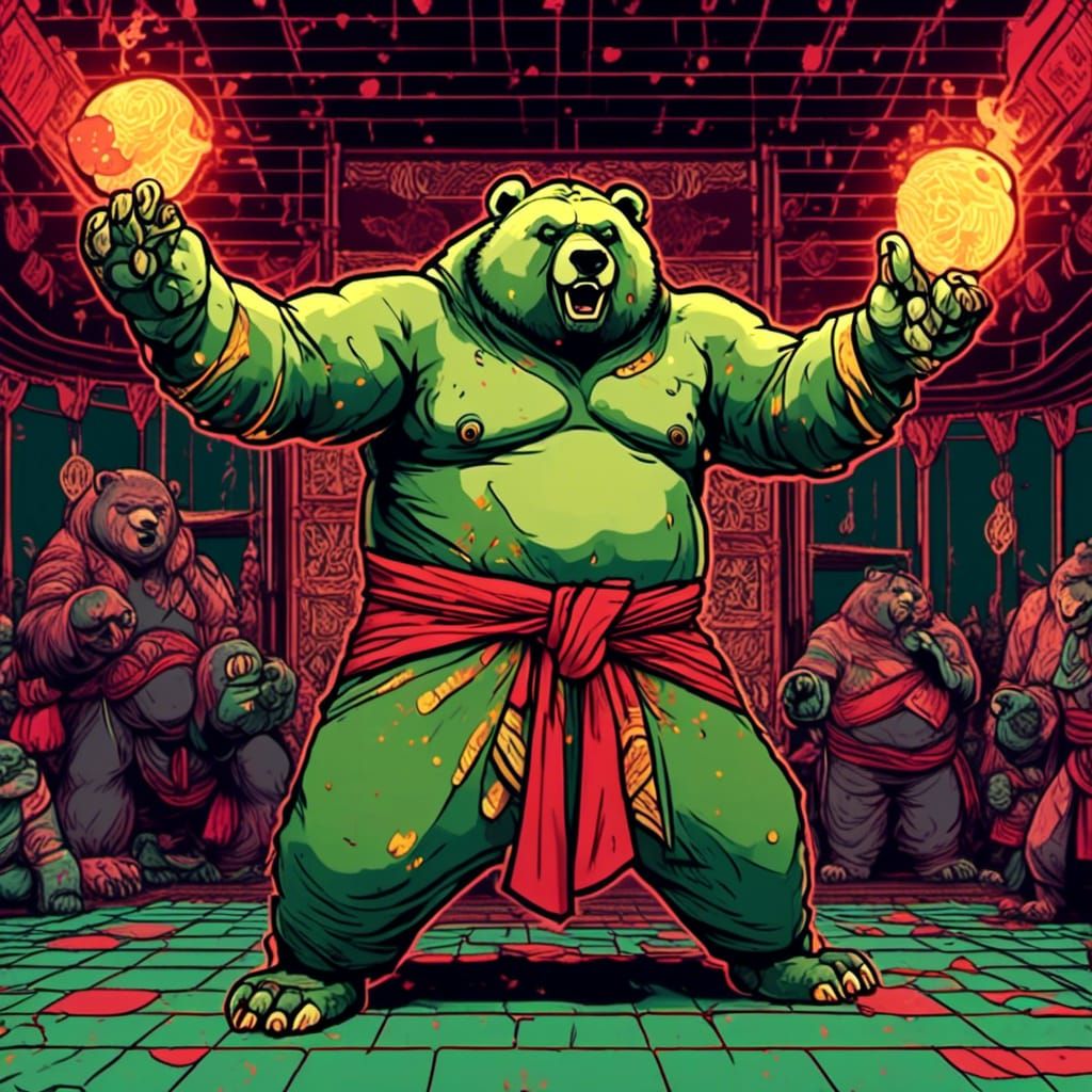 Comic Bear Guru Demonstrates Crane Stance