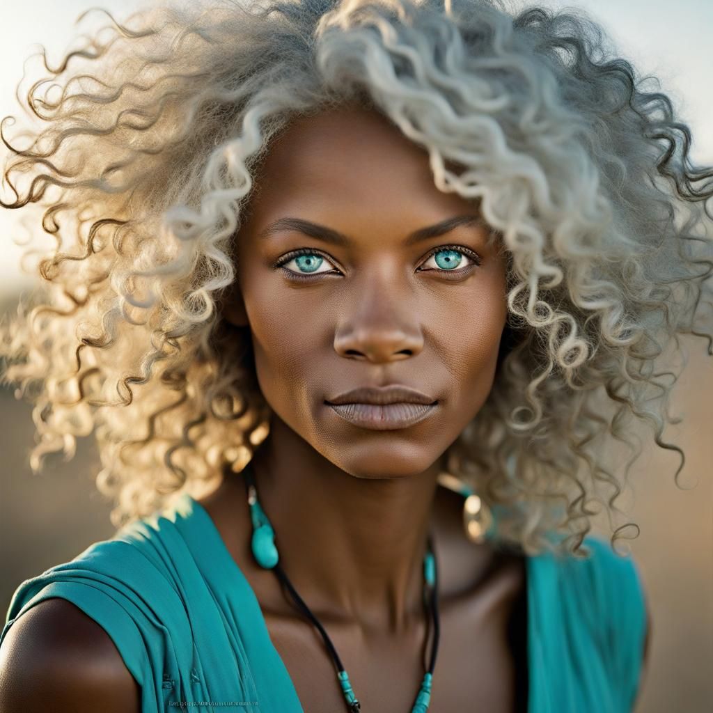 African Woman Portrait with Turquoise Eyes in Studio Lightin...