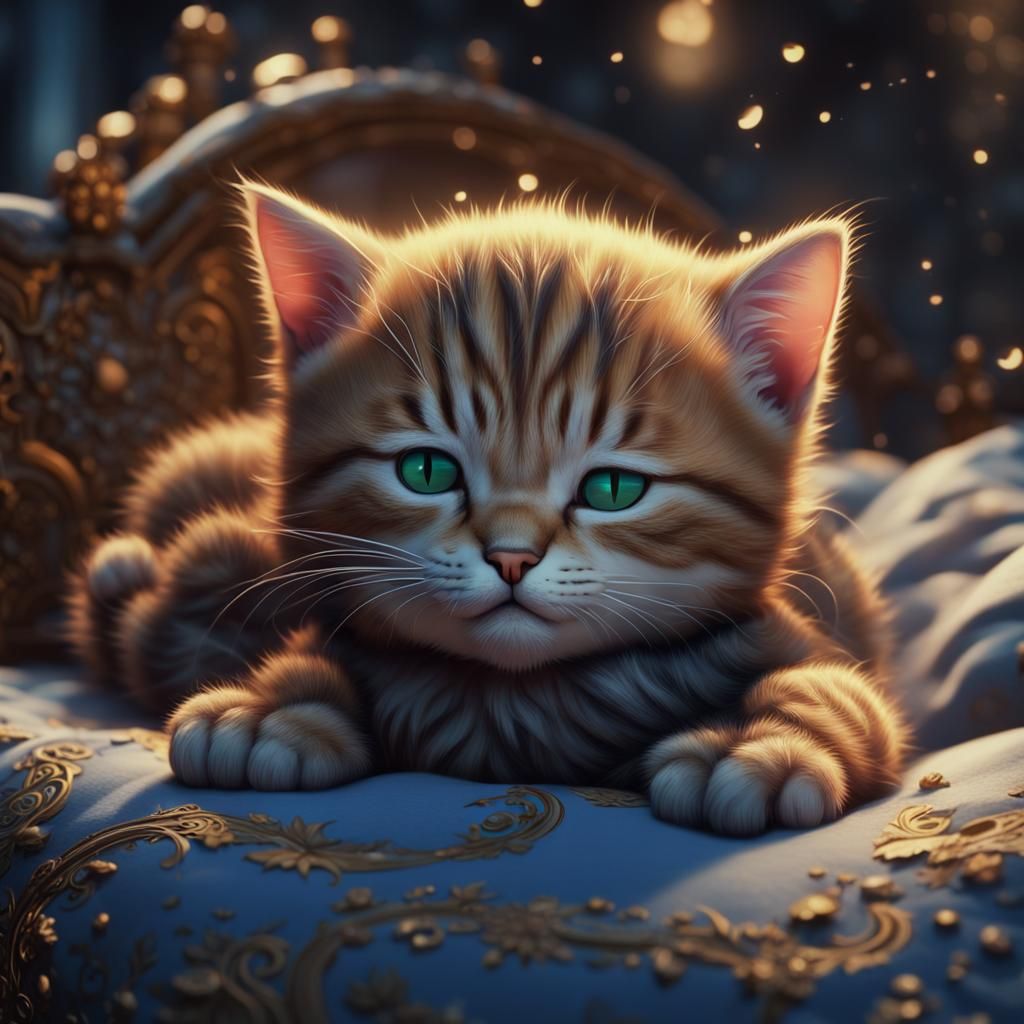 Cute Kitten Sleeping: Detailed Matte Painting