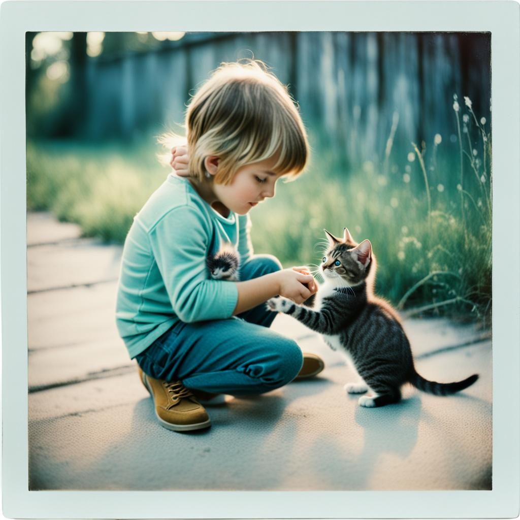 Child and Kitten: Nostalgic Polaroid Photograph