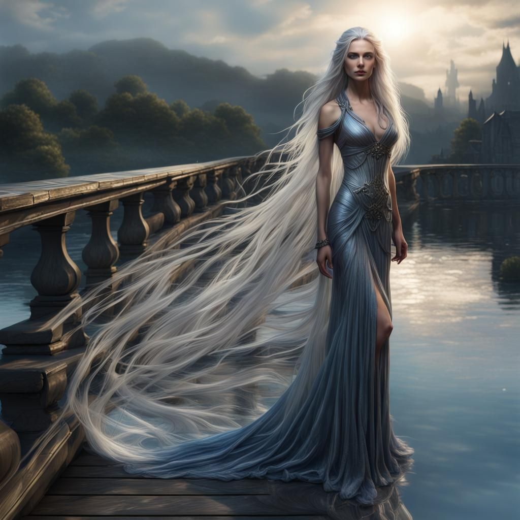 Silver Haired Woman on Bridge, Fantasy Art