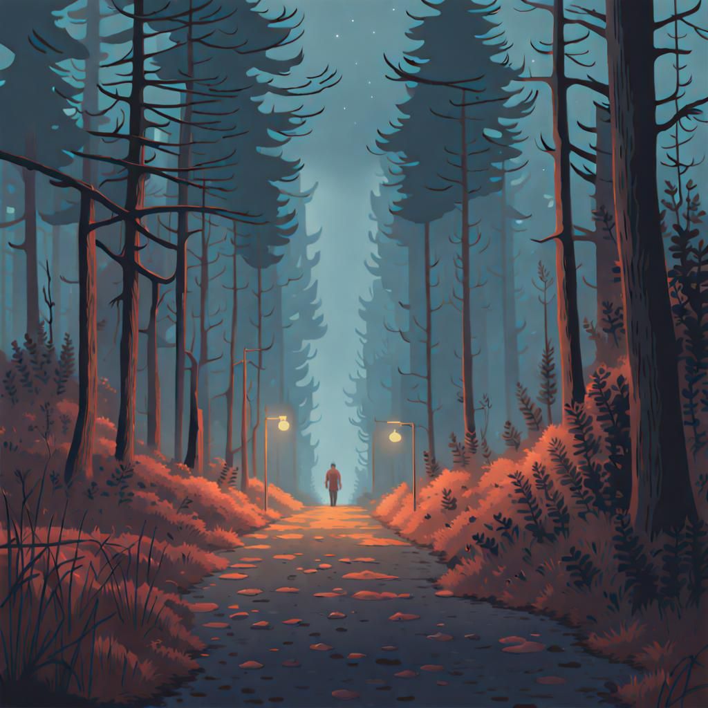 Spooky, foggy forest path at night. Simon Stålenhag