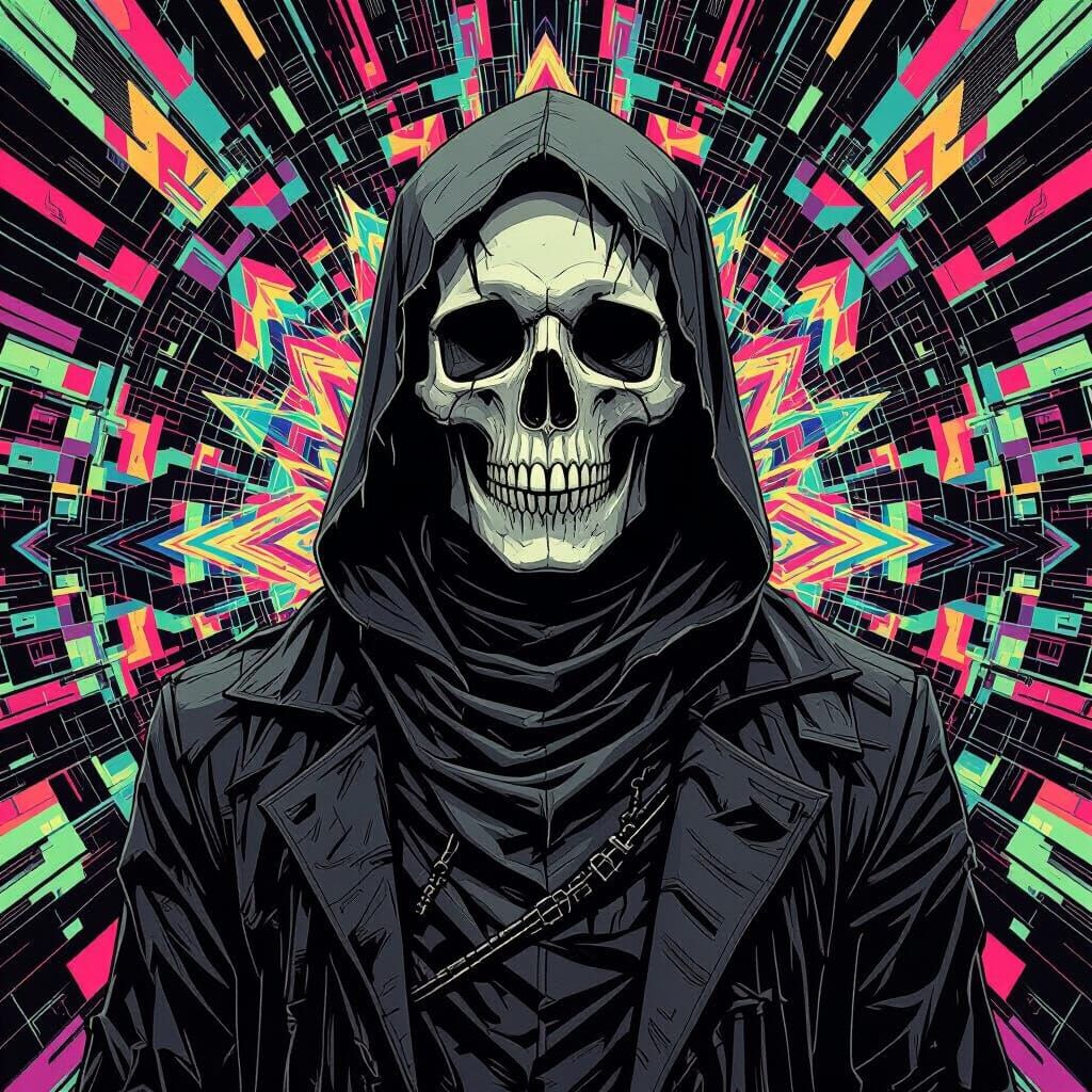 Skull in Kaleidoscopic Nightmare: Dark Futuristic Art